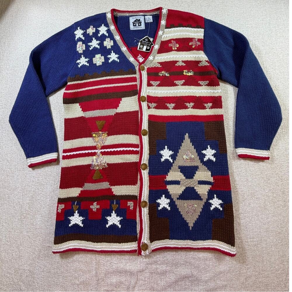 NWT Storybook Knits Women Red White Blue Medium American Spirit Cardigan Sweater